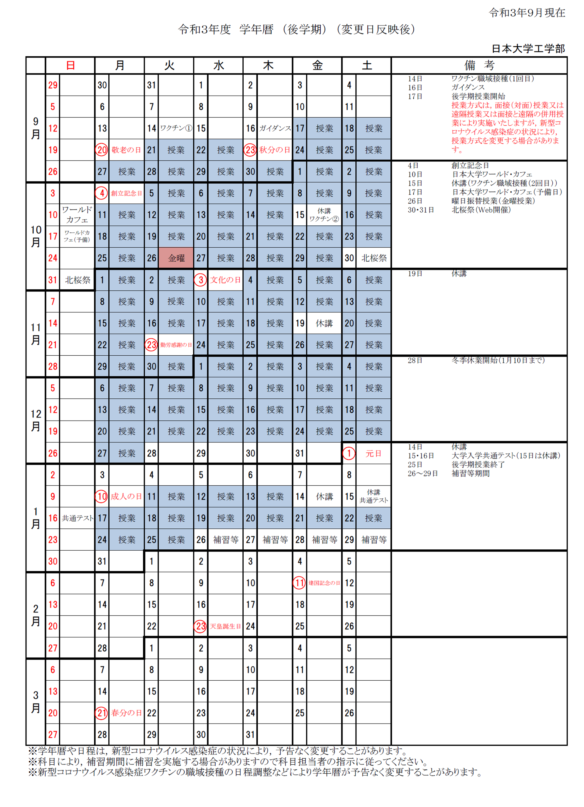 日本大学工学部 学年暦