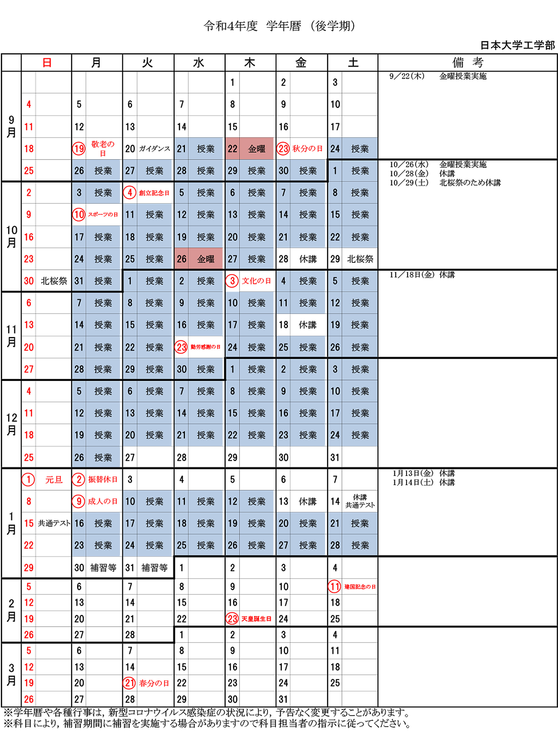 日本大学工学部 学年暦