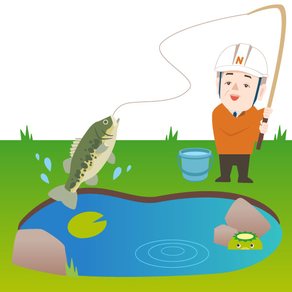 池で釣りをするョージュ