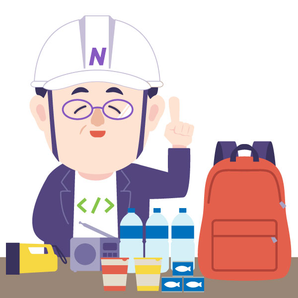 防災グッズを並べるキョージュ